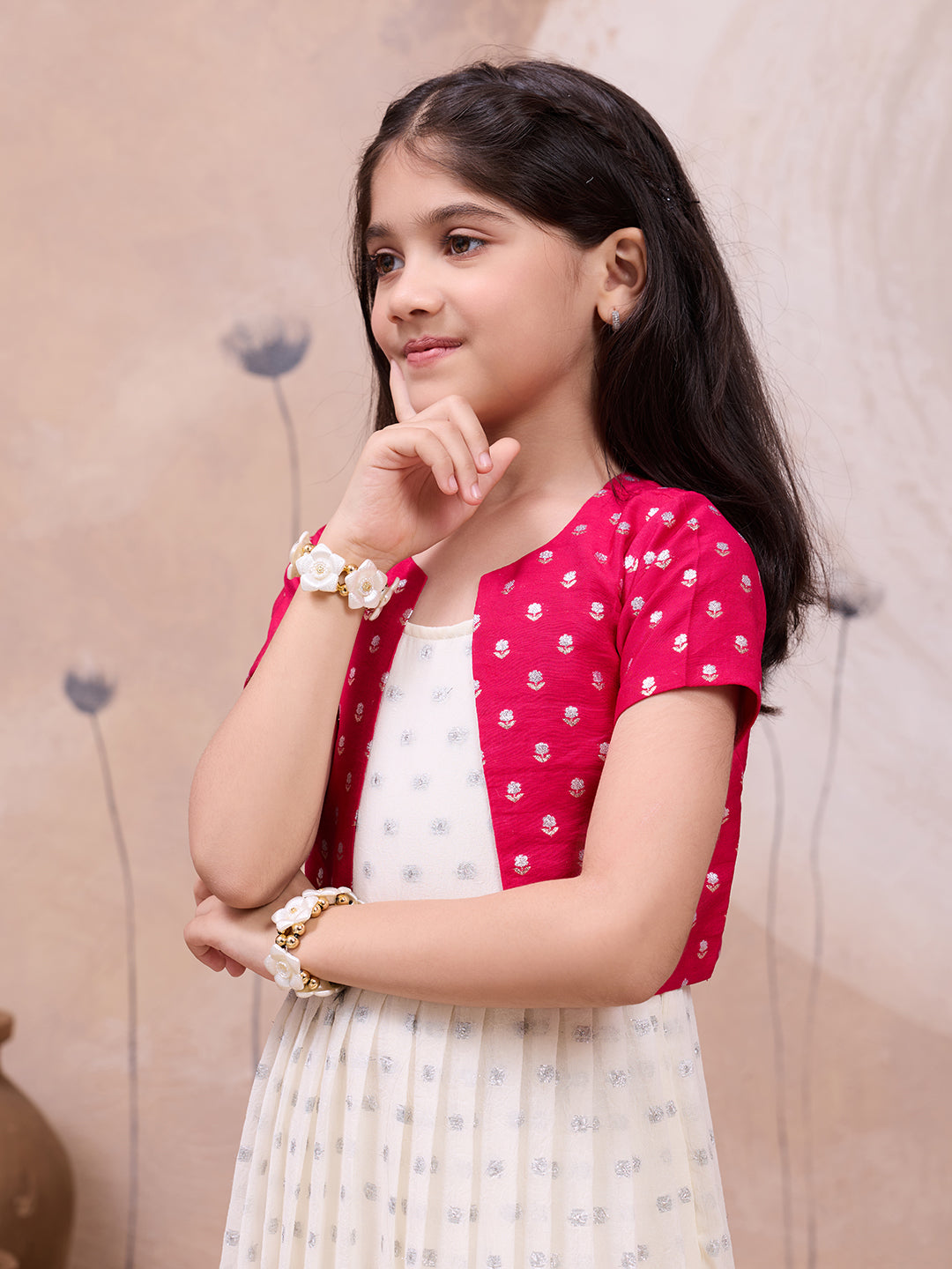 Off-White Weaving Butti Gown with Floral Jacket for Girls