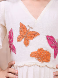 Hand-Painted Butterfly Gown with Flared Sleeves and Scalloped Hem