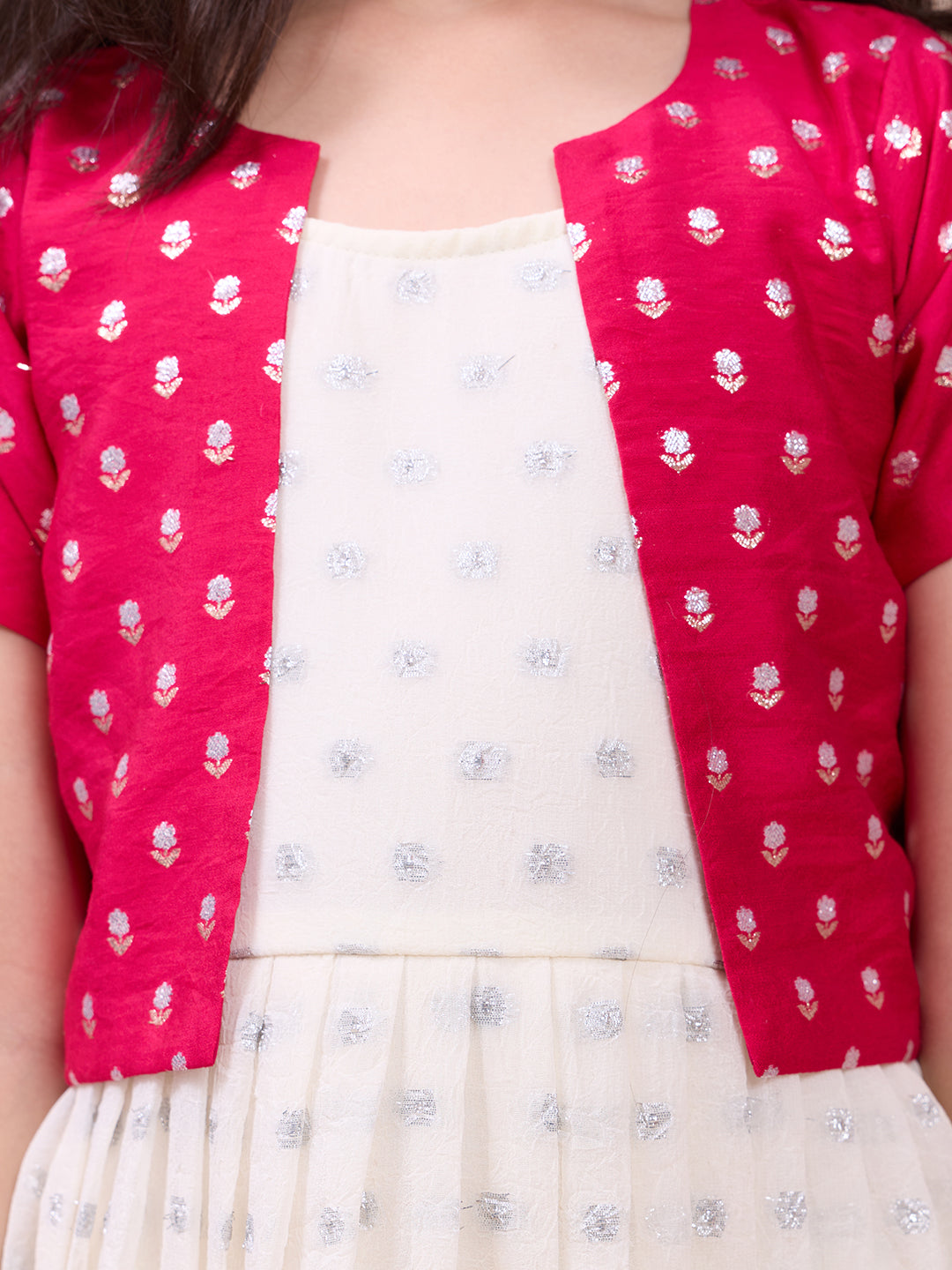 Off-White Weaving Butti Gown with Floral Jacket for Girls