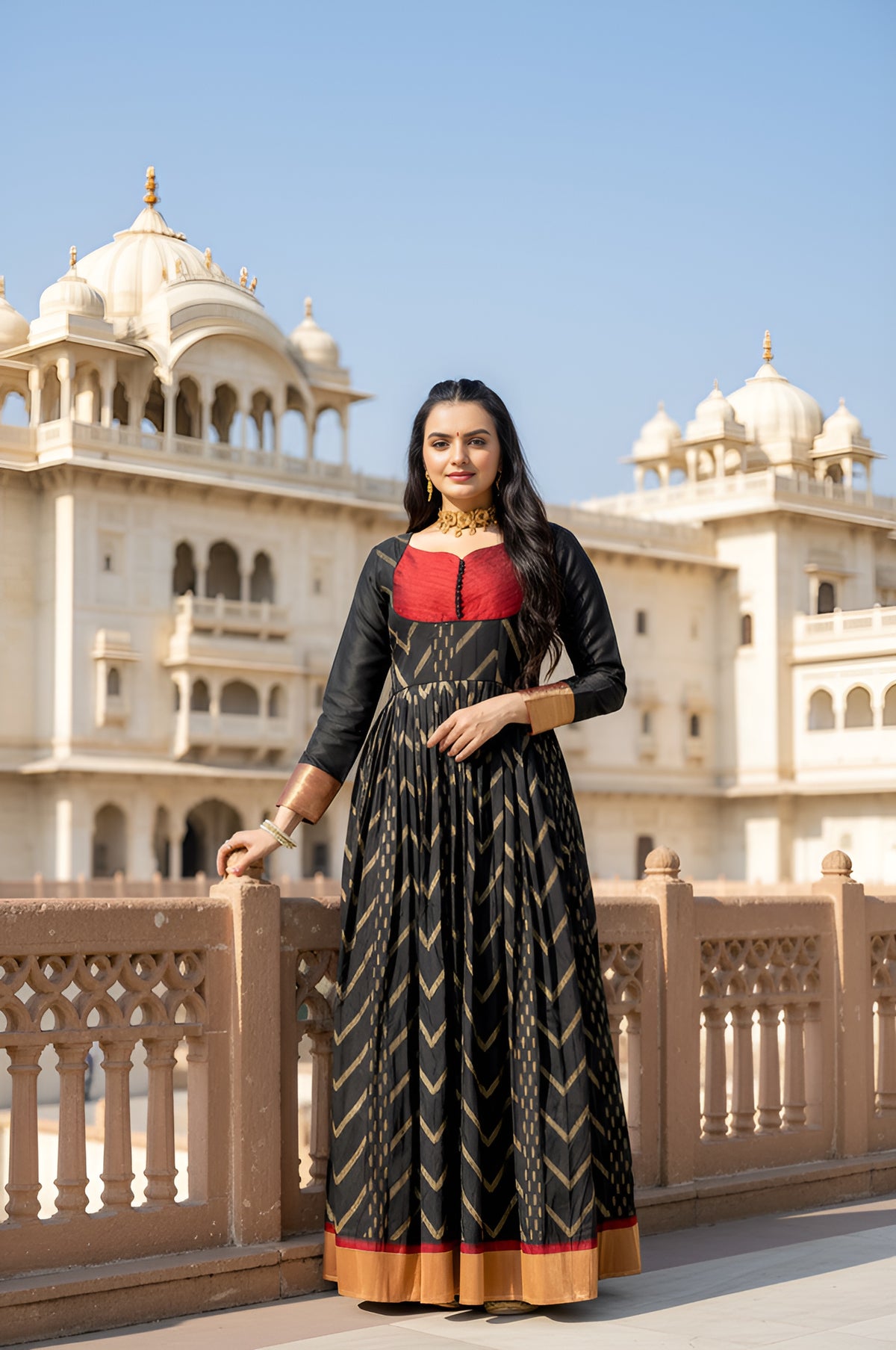 graceful chick black zari beautiful flared women gown