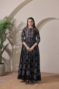 Elegant Black Embroidered Silk Blend Anarkali Gown