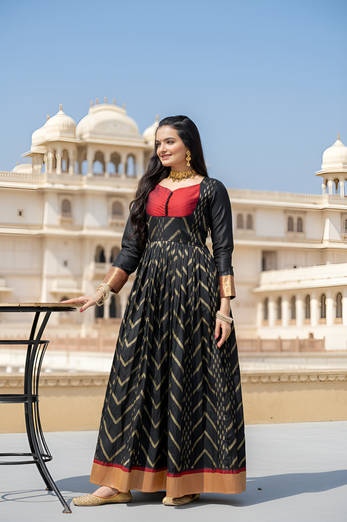 graceful chick black zari beautiful flared women gown