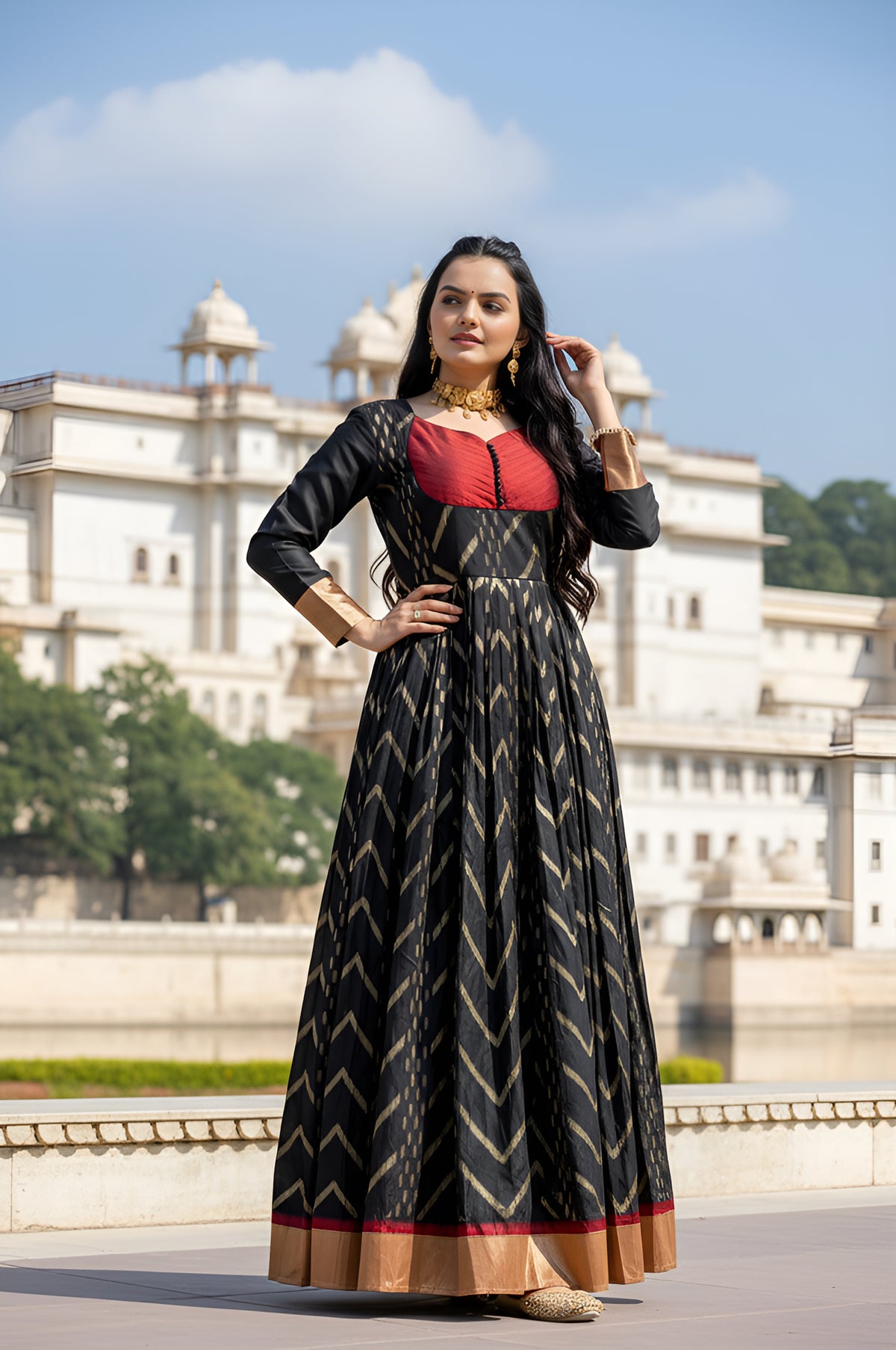 graceful chick black zari beautiful flared women gown