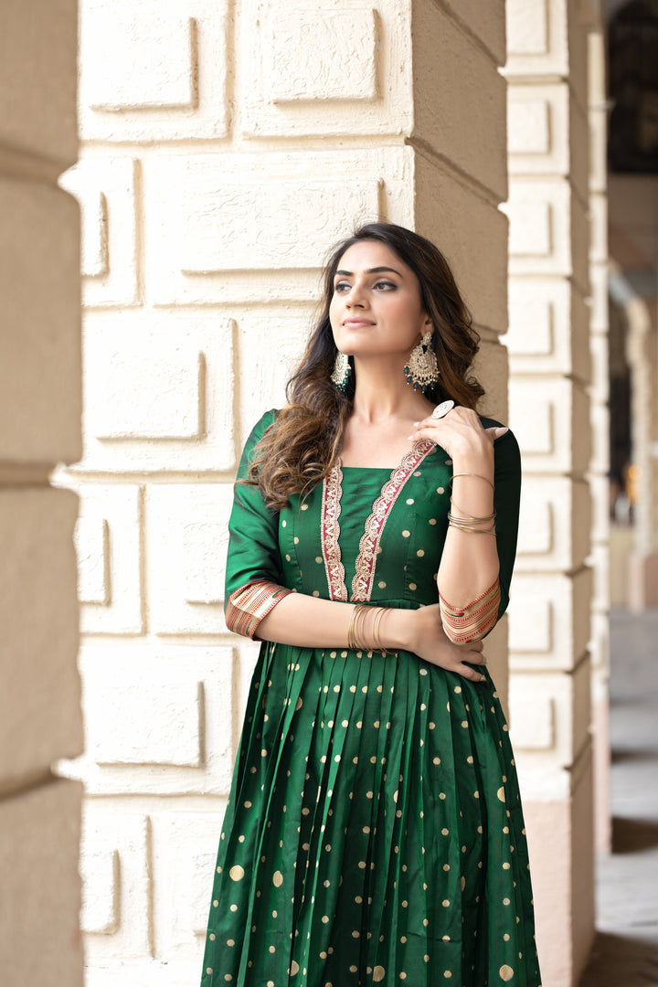 Elegant bottle green polka paithani flared gown