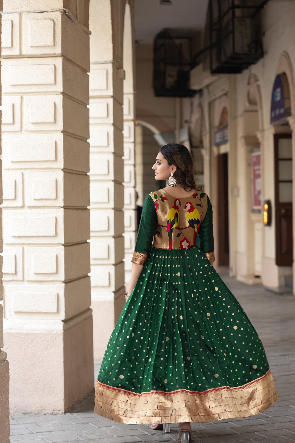 Elegant bottle green polka paithani flared gown
