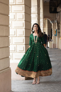 Elegant bottle green polka paithani flared gown