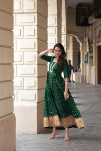 Elegant bottle green polka paithani flared gown