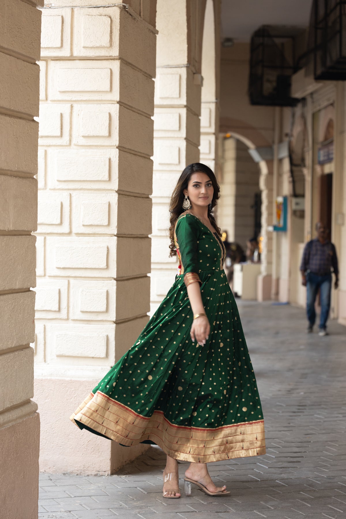 Elegant bottle green polka paithani flared gown