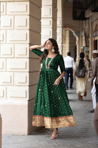 Elegant bottle green polka paithani flared gown