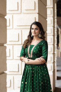 Elegant bottle green polka paithani flared gown