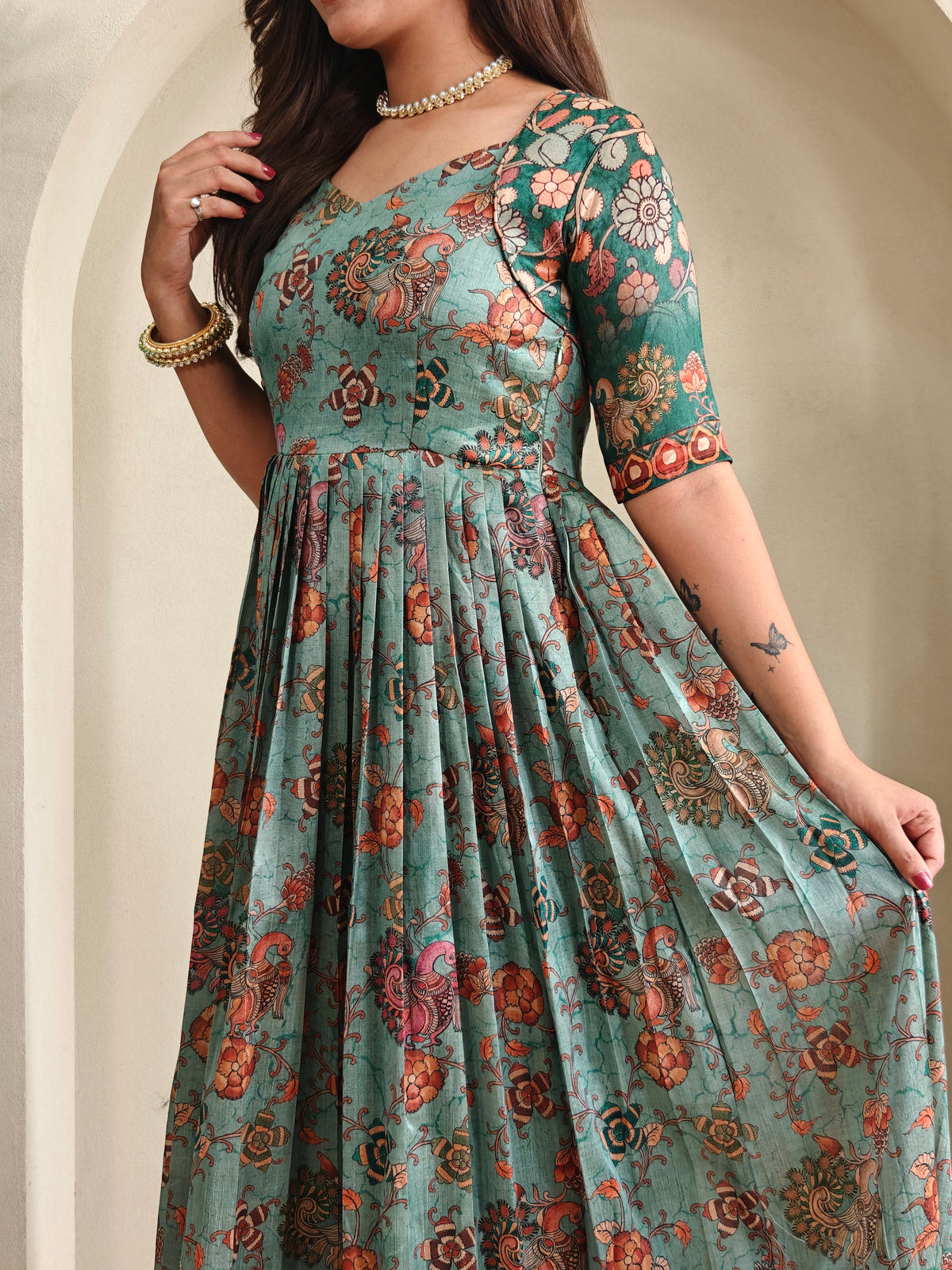 Luxurious Silk Blend Anarkali Gown - Pink Floral Print