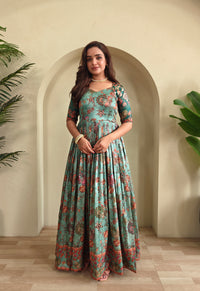 Luxurious Silk Blend Anarkali Gown - Pink Floral Print