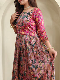 Luxurious Silk Blend Anarkali Gown - Pink Floral Print