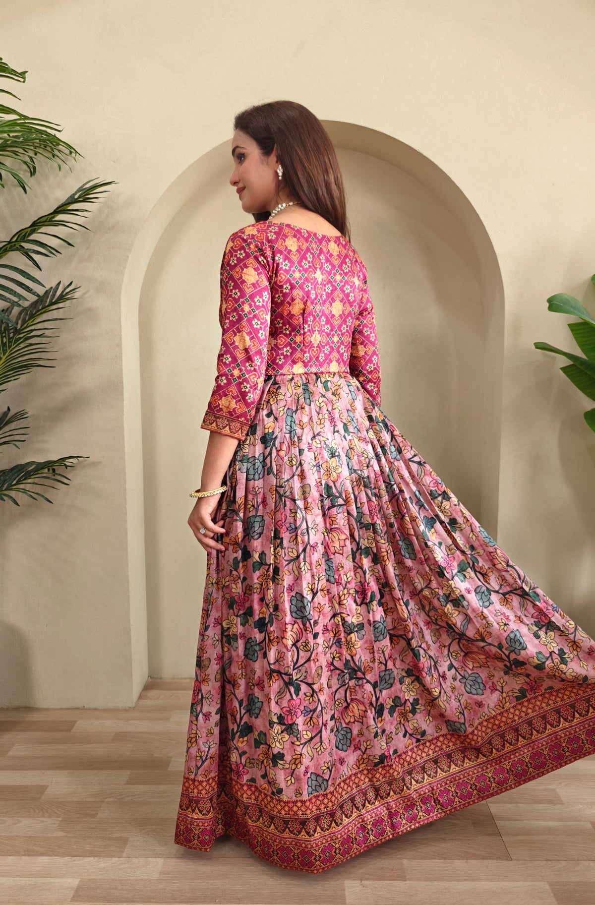 Luxurious Silk Blend Anarkali Gown - Pink Floral Print