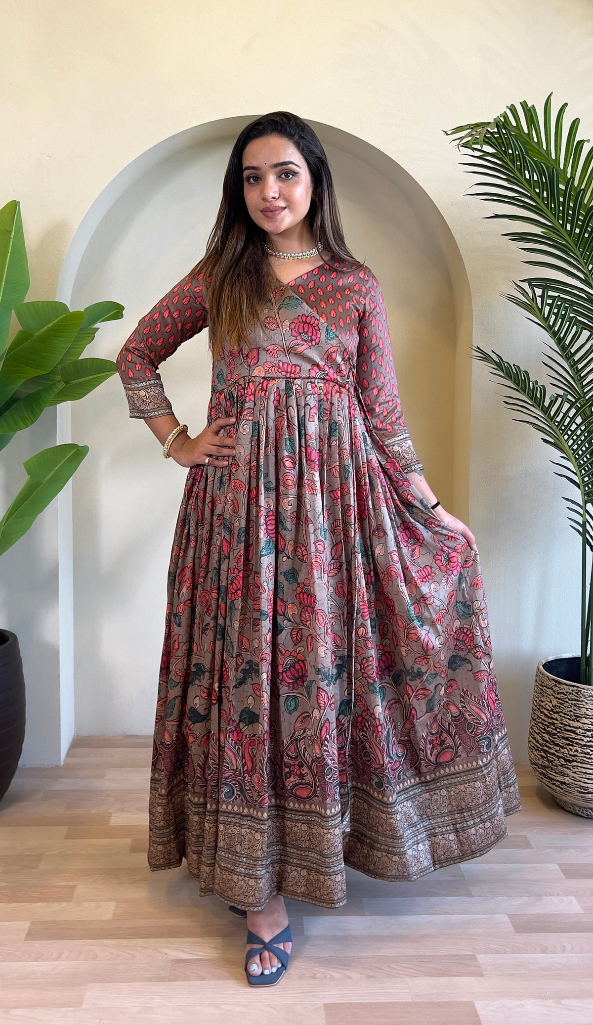 Luxurious Silk Blend Anarkali Gown - Pink Floral Print