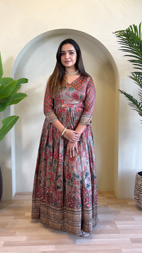 Luxurious Silk Blend Anarkali Gown - Pink Floral Print