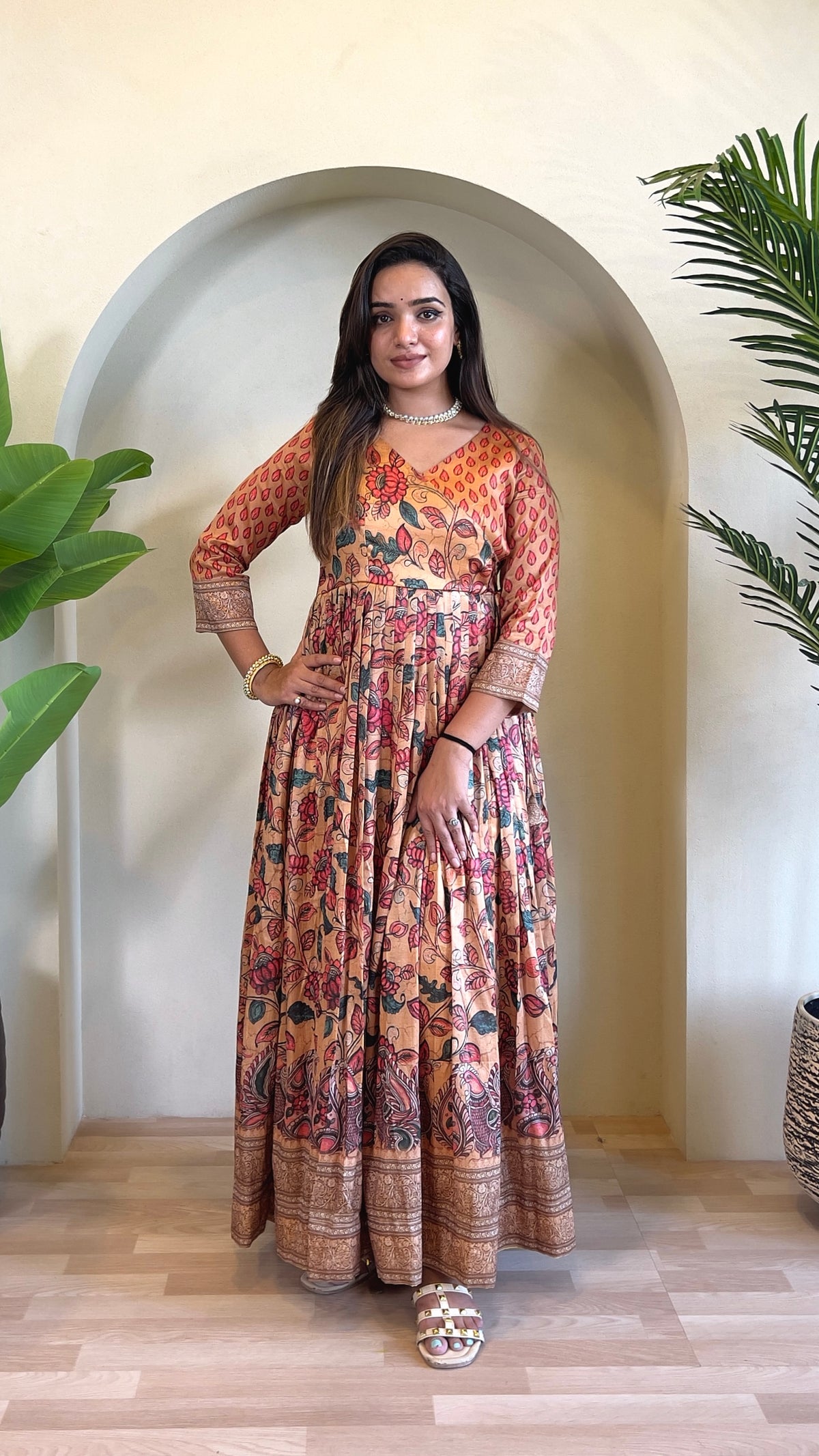 Luxurious Silk Blend Anarkali Gown - Pink Floral Print