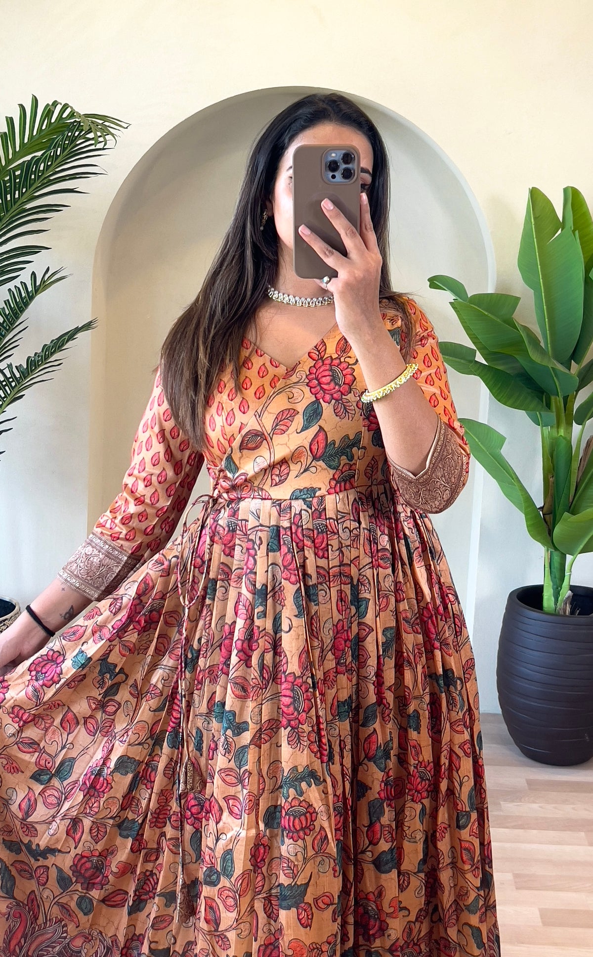 Luxurious Silk Blend Anarkali Gown - Pink Floral Print