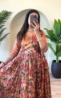 Luxurious Silk Blend Anarkali Gown - Pink Floral Print