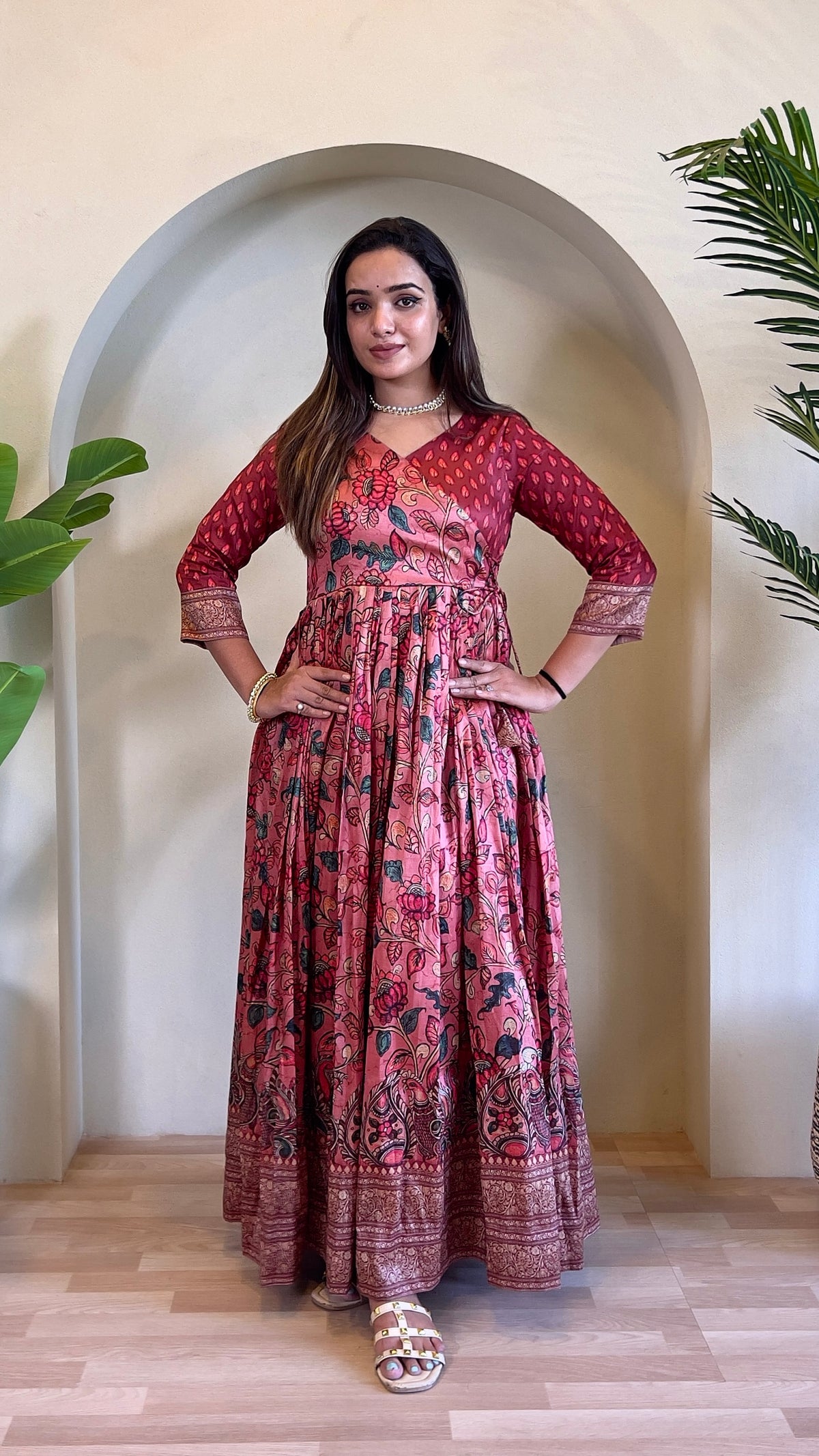 Luxurious Silk Blend Anarkali Gown - Pink Floral Print