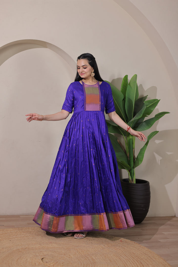 Elegant Purple Craft Silk Anarkali Gown with Multicolor Border