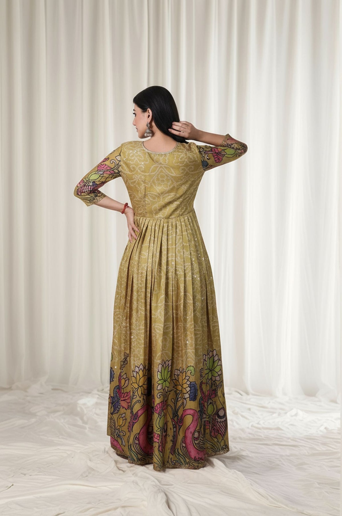 beautiful full flared gown in kalamkari print