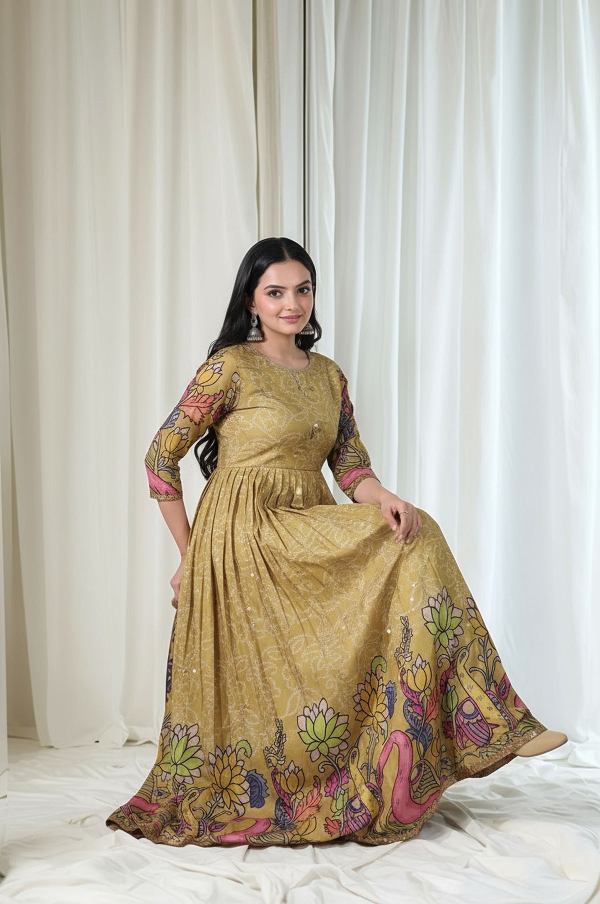 beautiful full flared gown in kalamkari print