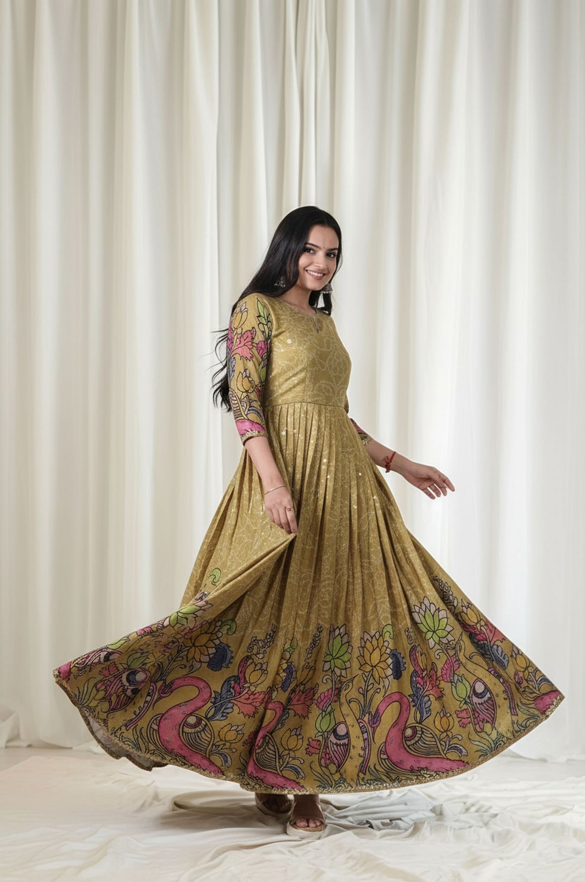 beautiful full flared gown in kalamkari print