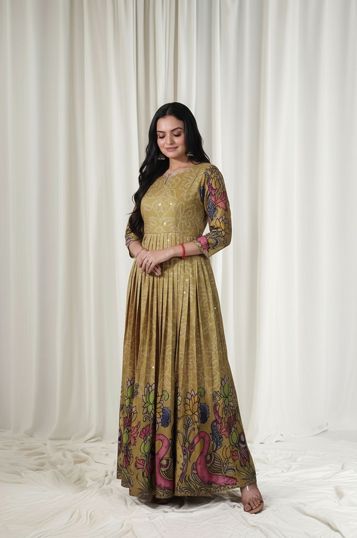 beautiful full flared gown in kalamkari print