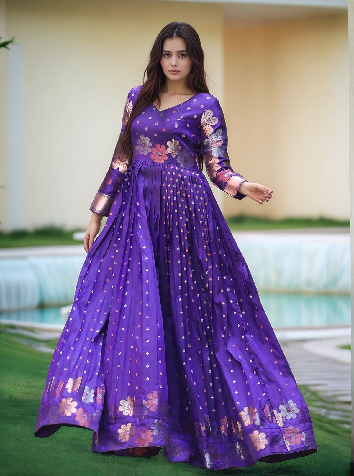 Purple Floral Embroidered Anarkali Gown