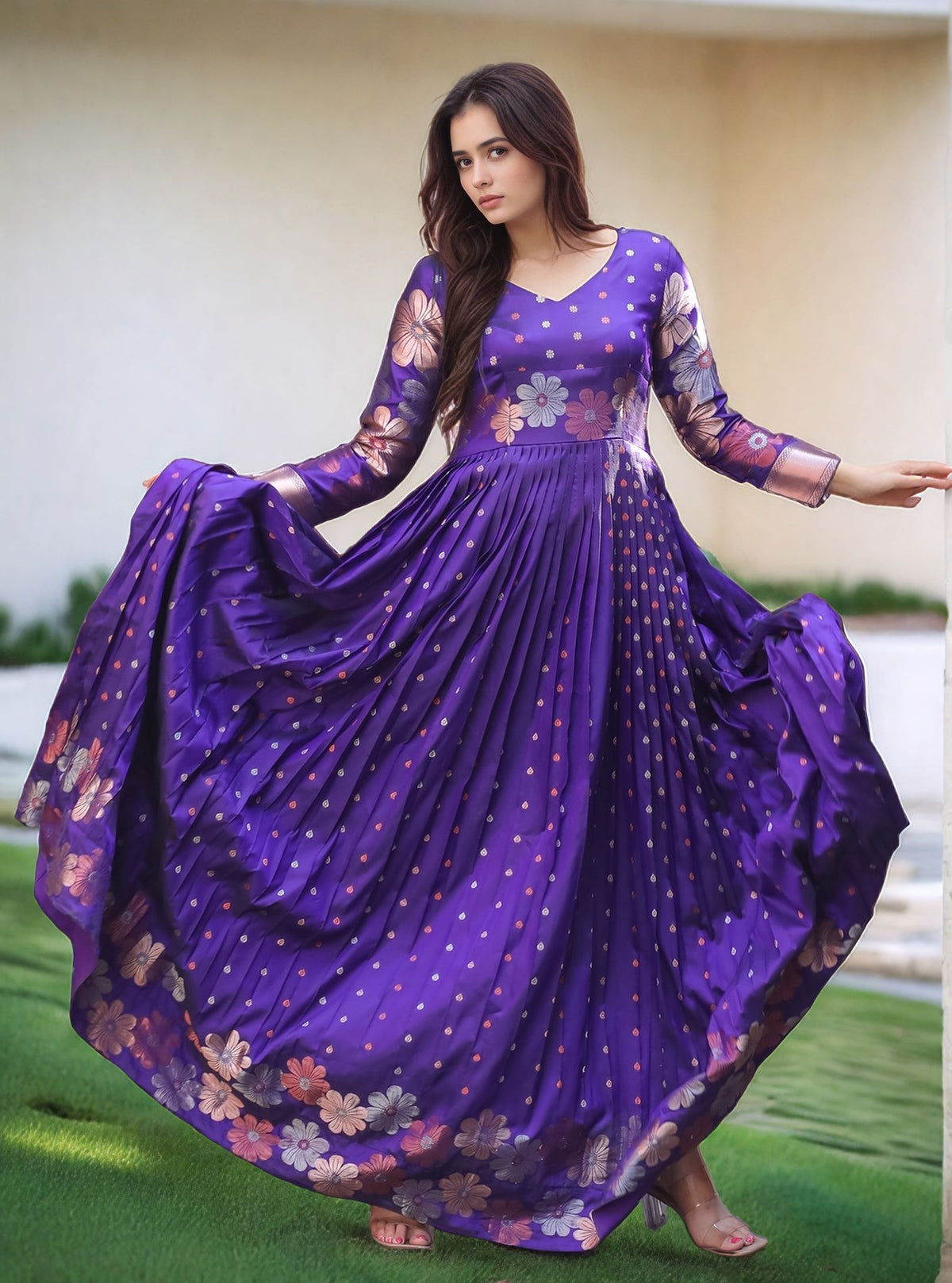Purple Floral Embroidered Anarkali Gown