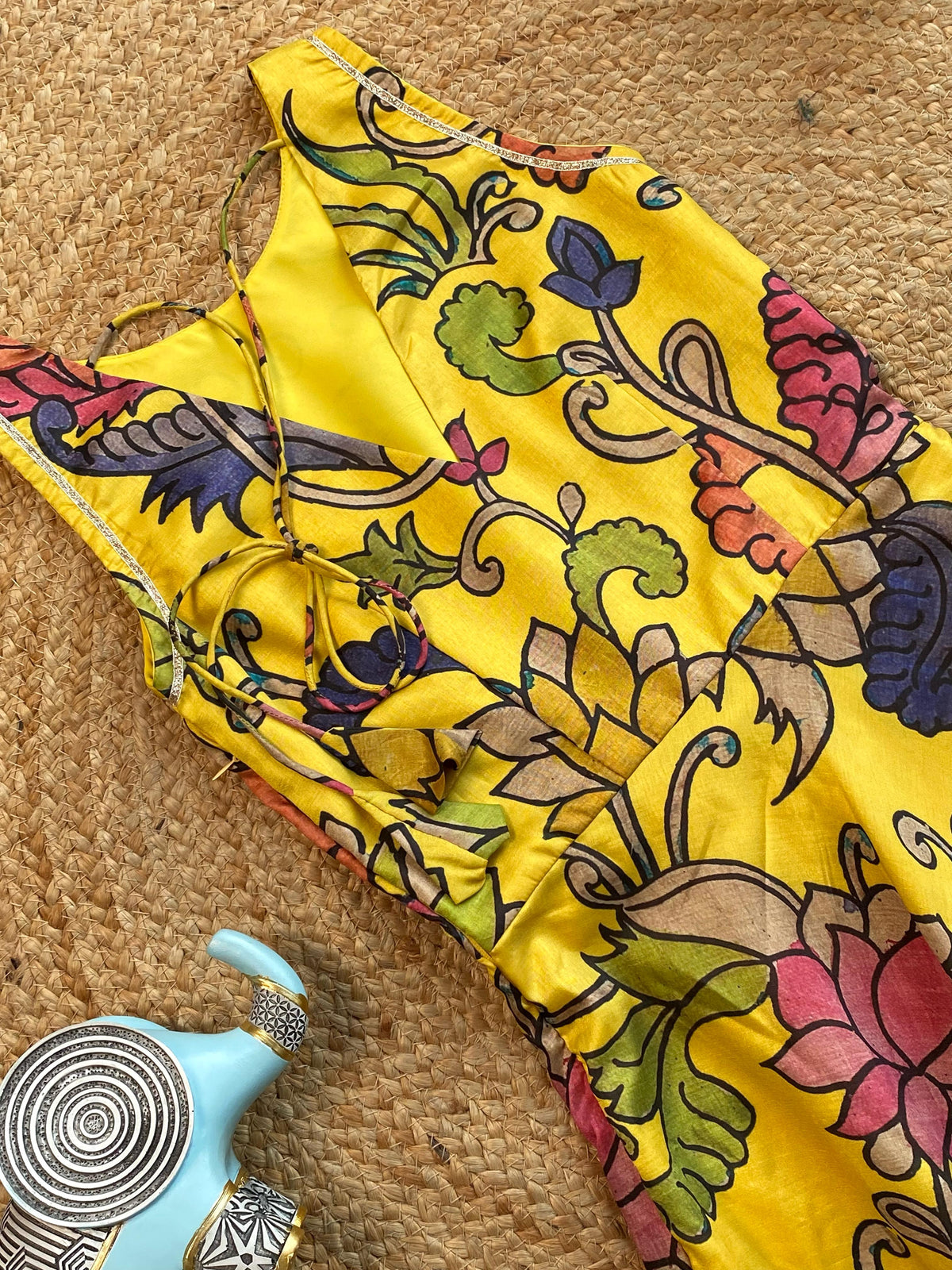 Girls Yellow Tussar Silk Gown with Pen Kalamkari Floral Print & Gota Detailing