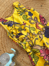 Girls Yellow Tussar Silk Gown with Pen Kalamkari Floral Print & Gota Detailing