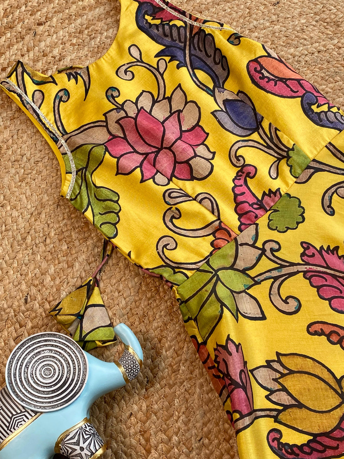 Girls Yellow Tussar Silk Gown with Pen Kalamkari Floral Print & Gota Detailing