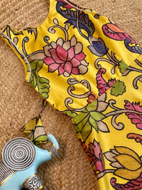 Girls Yellow Tussar Silk Gown with Pen Kalamkari Floral Print & Gota Detailing