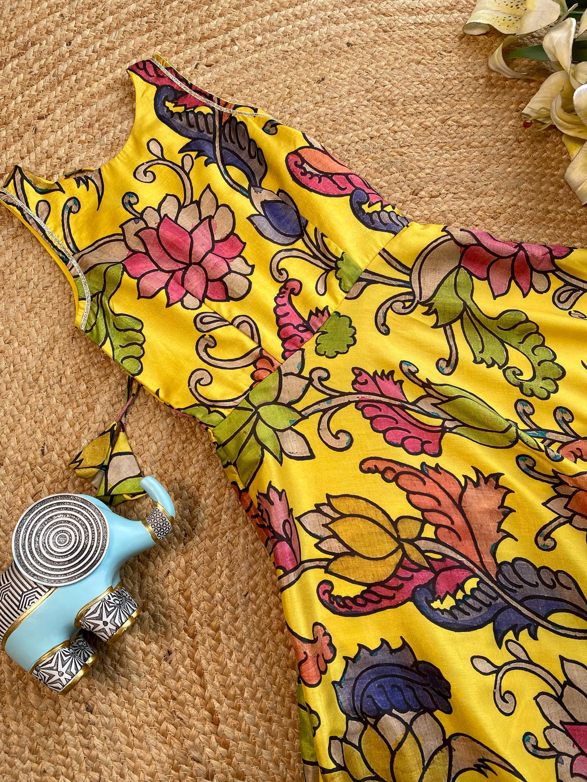 Girls Yellow Tussar Silk Gown with Pen Kalamkari Floral Print & Gota Detailing