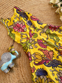 Girls Yellow Tussar Silk Gown with Pen Kalamkari Floral Print & Gota Detailing