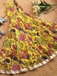 Girls Yellow Tussar Silk Gown with Pen Kalamkari Floral Print & Gota Detailing
