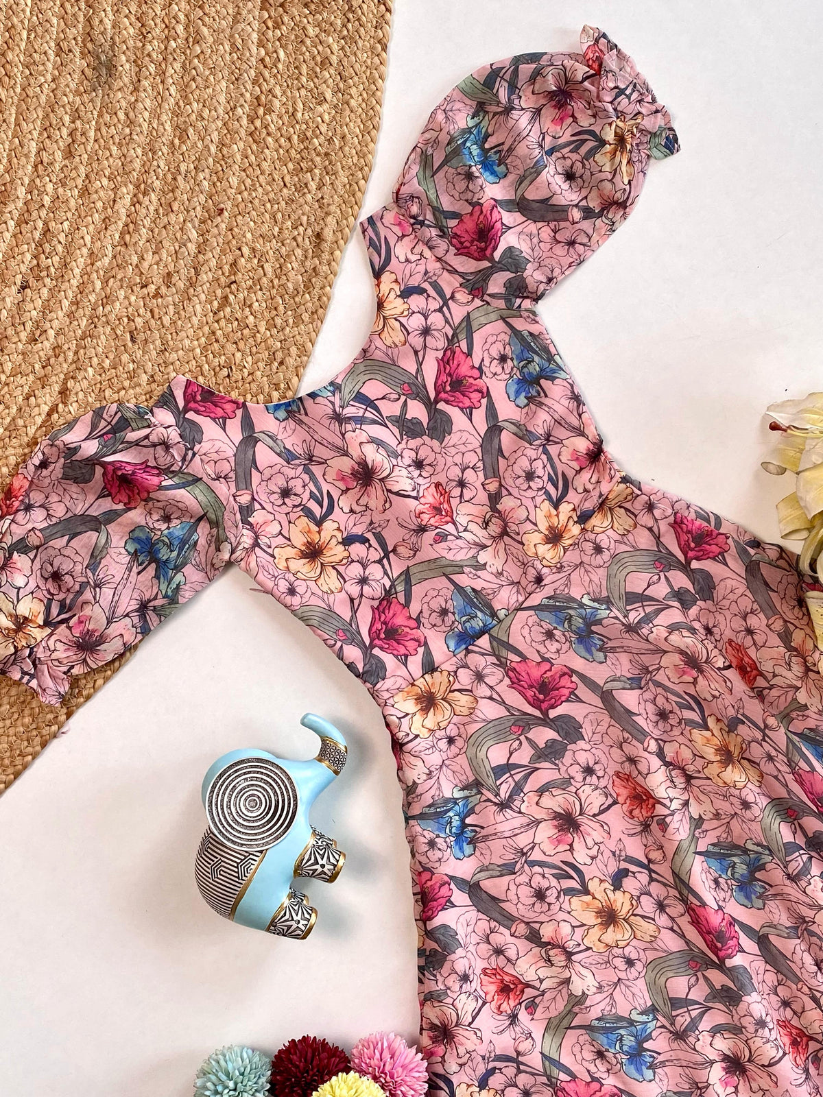 Light Pink Floral Flare Dress with Puff Sleeves