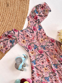 Light Pink Floral Flare Dress with Puff Sleeves