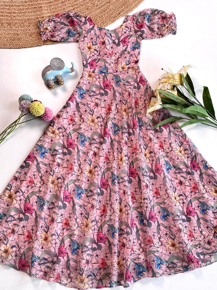 Light Pink Floral Flare Dress with Puff Sleeves