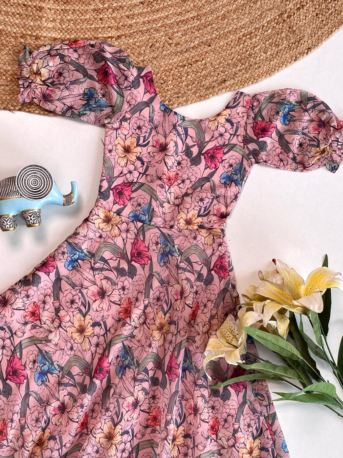 Light Pink Floral Flare Dress with Puff Sleeves