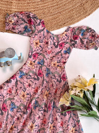 Light Pink Floral Flare Dress with Puff Sleeves