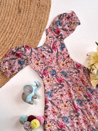 Light Pink Floral Flare Dress with Puff Sleeves