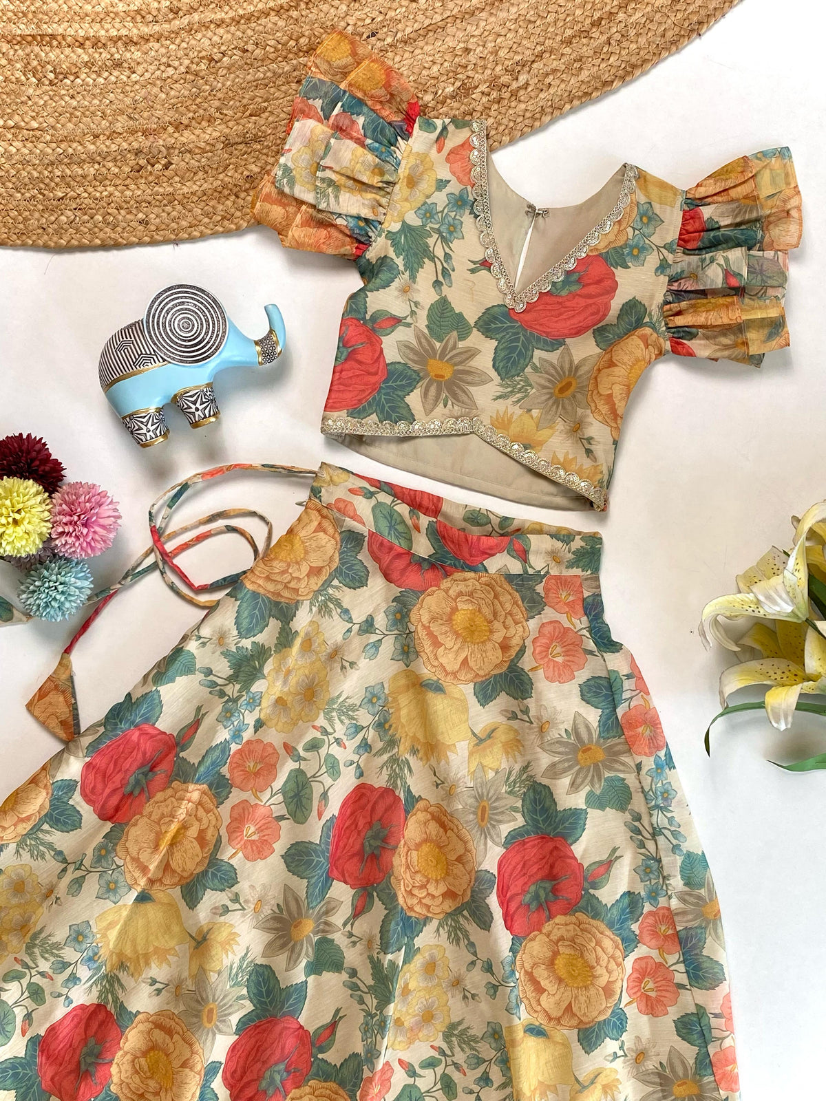 Ivory Floral Print Skirt Set with Ruffled V-Neck Top