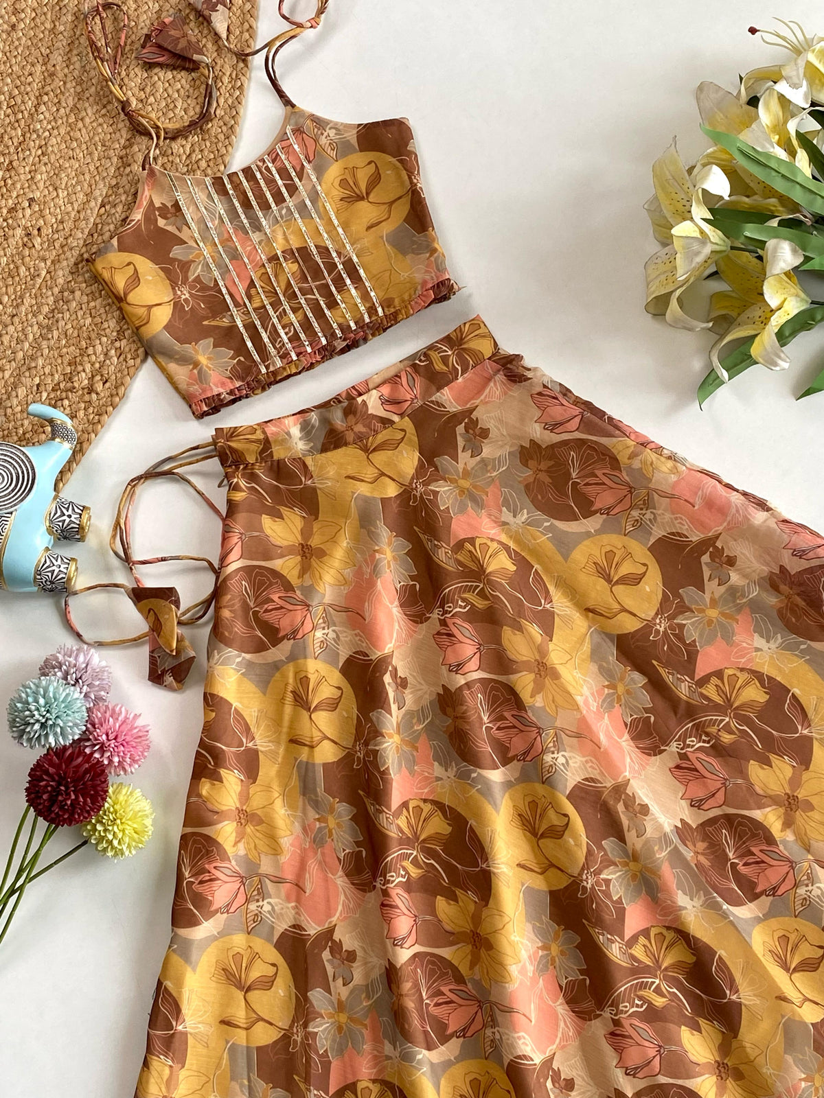 Printed Skirt Set with Tie-Up Top and Lace Detailing