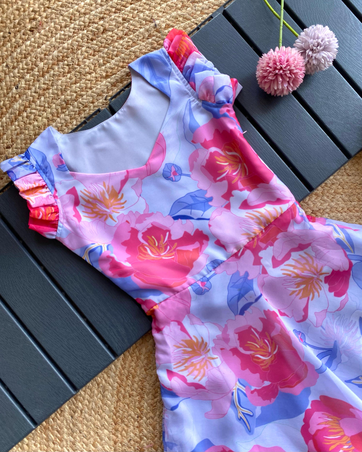 Charming Floral Tabby Silk Frock with Ruffle Detailing