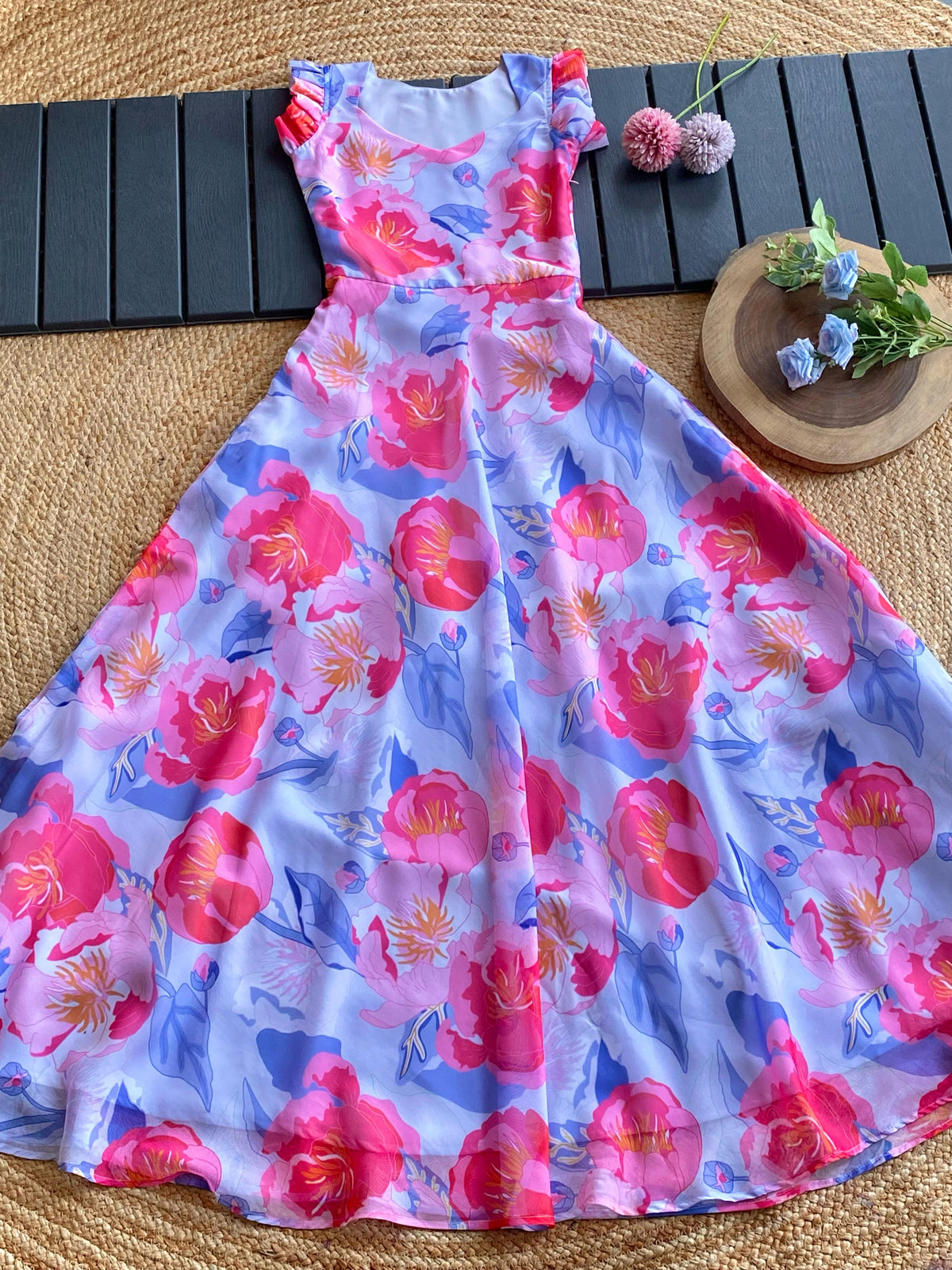 Charming Floral Tabby Silk Frock with Ruffle Detailing