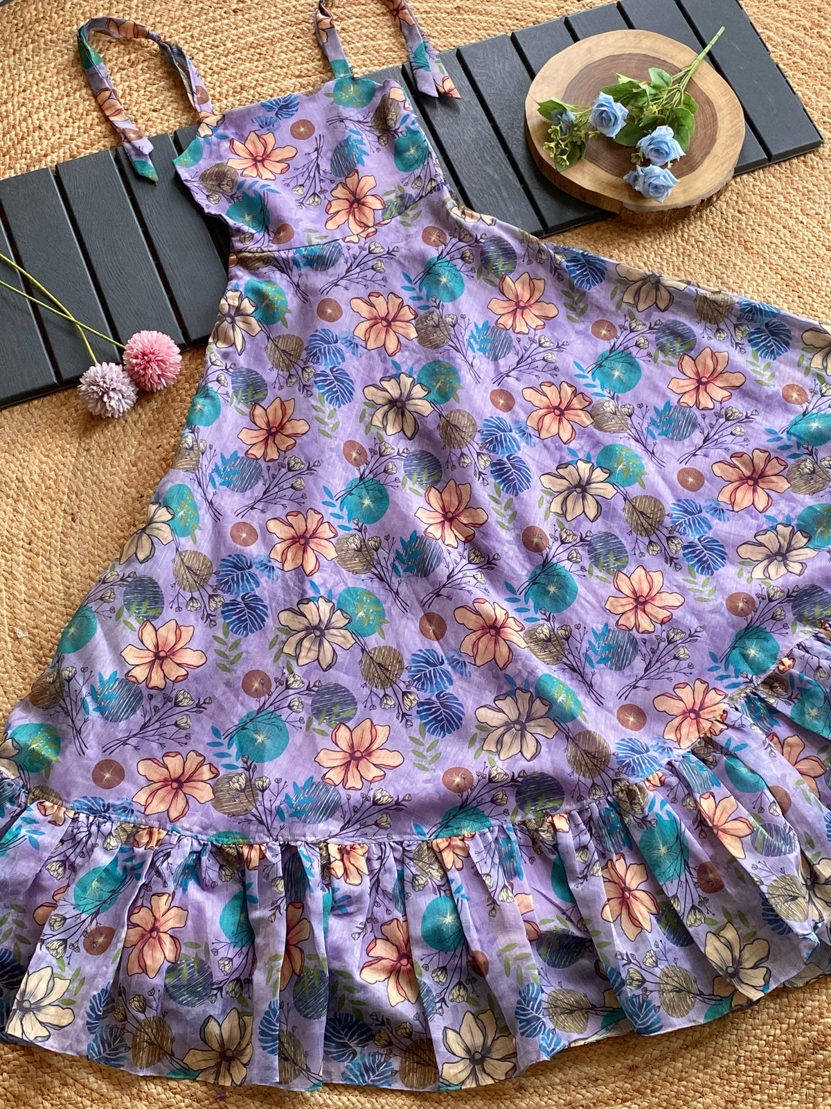 Girls Floral Ruffled Dress with Shoulder Tie-Ups - Soft Chanderi (DS NO 2050)