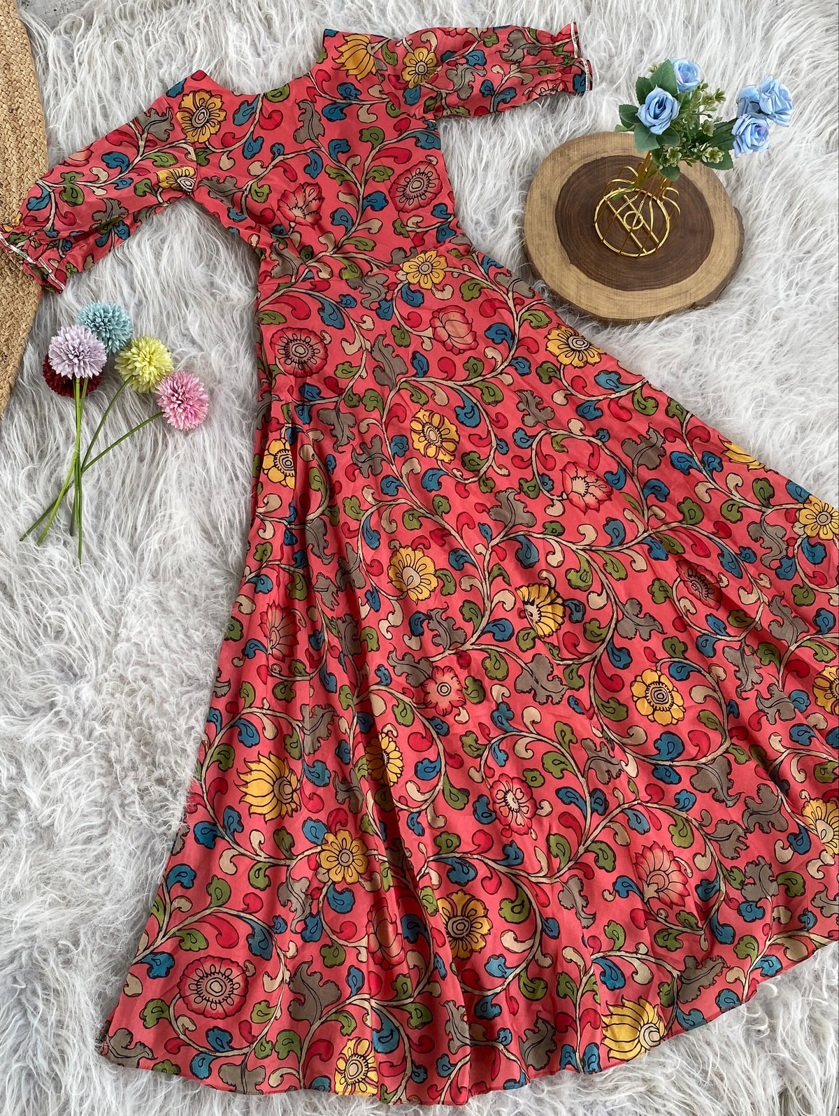 Festive Pen kalamkari Flared Dress with Gota Detailing